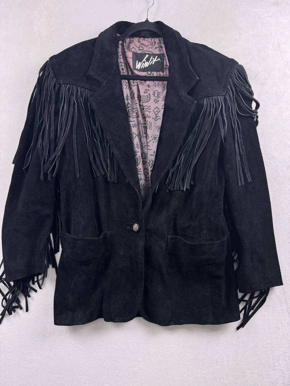 Vintage Winlit Western Fringe Suede Jacket Black Leather Cowboy Boho Size M